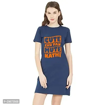 Trendy Navy Blue Cotton Blend Printed T-Shirt Dress For Women-thumb0