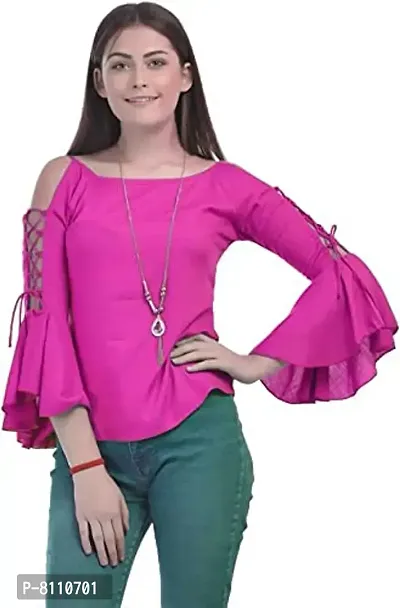 Cotrel Women Rayon Casual Cold Shoulder Sleeves Solid Top Pink