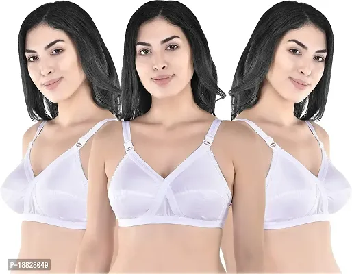 Rah Fashion Women's Cotton Non-Padded Non-Wired Full Coverage Regular Bra (Cross-W-C3-32_White) (Pack of 3)