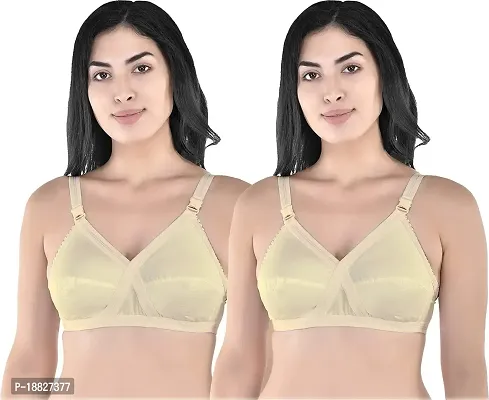 Rah Fashion Women's Cotton Non-Padded Non-Wired Full Coverage Regular Bra (Cross-S-C2-32_Beige) (Pack of 2)