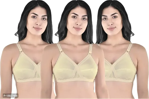 Rah Fashion Women's Cotton Non-Padded Non-Wired Full Coverage Regular Bra (Cross-S-C3-32_Beige) (Pack of 3)