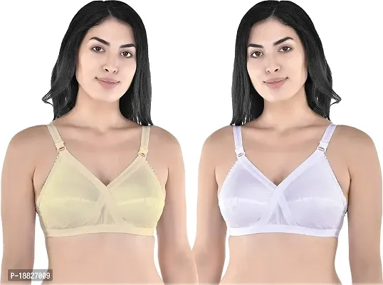 Rah Fashion Women's Cotton Non-Padded Non-Wired Full Coverage Regular Bra (Cross-W-S-32_Beige::White) (Pack of 2)-thumb0