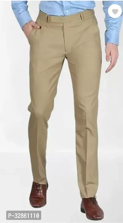 Stylish Beige Cotton Blend Solid Easy Wash Trousers For Men-thumb0