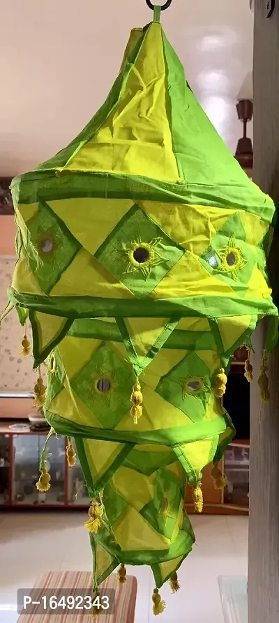 Cloth Applique Free Hanging Decor Item/Festive Lantern, Jhoomar Shape with 3-Steps, Compressible, from Pipli Odisha (Yellow  Green)
