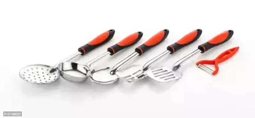 Stainless Steel Handy Cook-Serve Set, Cooking Utensil Set Serving Spoons with Plastics Handle,with Stand Set of 6(RED)