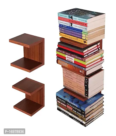 Engineered Wood Wall Mount Unseen Books Shelf Set of 2 C Walnut Finish