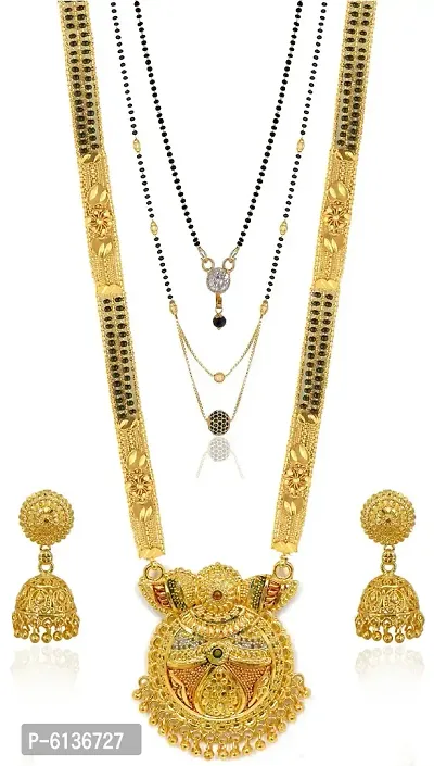 Stylish Golden Brass Beads Jewellery Set For Women(Pack of 3 Mangalsutra With 1 Pair of Earrings)