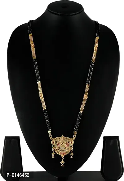 Traditional Hand Meena Black Beads Gold Long Chain Mangalsutra For Women