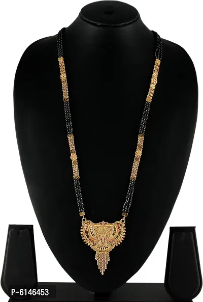 Traditional Hand Meena Black Beads Gold Long Chain Mangalsutra For Women