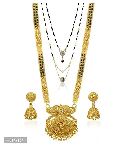 Shimmering Gold Plated Brass Mangalsutra with Earrings Set For Women-thumb0