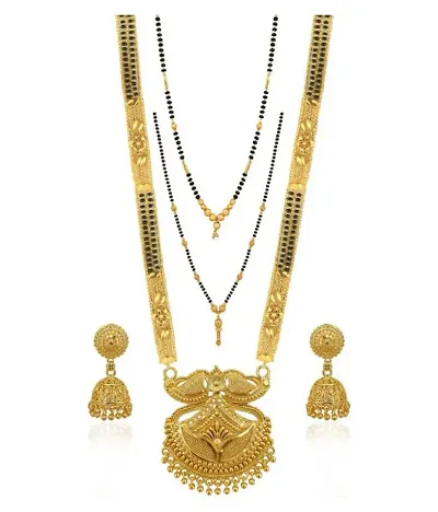 Shimmering Golden Brass Mangalsutra with Earrings Sets