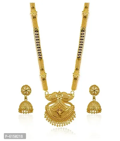 Classy Shimmering Golden Brass Mangalsutra with Earrings Set For Women-thumb0