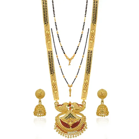 Shimmering Golden Brass Mangalsutra with Earrings Sets