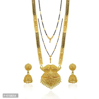 Classy Shimmering Golden Brass Mangalsutra with Earrings Set For Women-thumb0