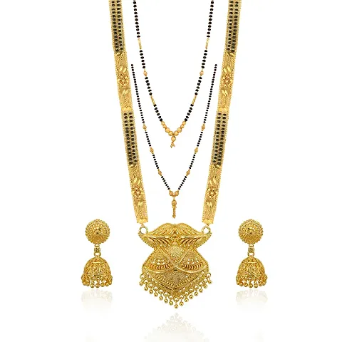 Shimmering Golden Brass Mangalsutra with Earrings Sets