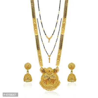 Classy Shimmering Golden Brass Mangalsutra with Earrings Set For Women