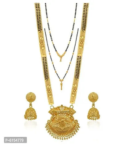 Shimmering Alluring Gold Plated Brass Mangalsutra with Earrings Set For Women