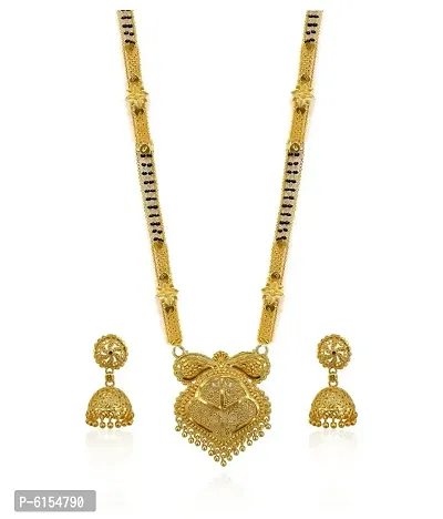 Shimmering Alluring Gold Plated Brass Mangalsutra with Earrings Set For Women-thumb0