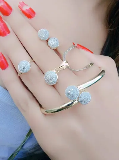 Trendy Alloy Golden Pendant Set With Earring, Ring And Bracelet Combo For Women