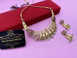 Shimmering Golden Brass American Diamond Necklace with Earrings For Women-thumb1