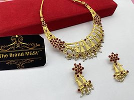 Shimmering Golden Brass American Diamond Necklace with Earrings For Women-thumb2