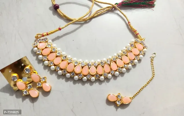 Elegant Brass Peach Pearl With Crystal And AD Work Choker With Earrings Set For Women