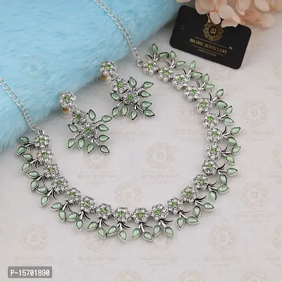 SILVER PLATED LIGHT GREEN AMERICAN DAIMOND NECKLACE  FOR WOMENS