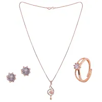 Rose Gold Plated Stylish Pendant Chain with Earrings Diamond Necklace For Women's  Girls-thumb2