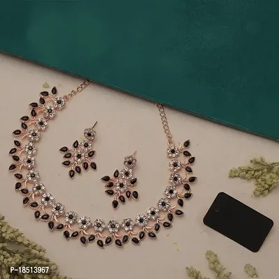 Attractive Rose Gold Black Colour Necklace With Earrings For Womens-thumb2