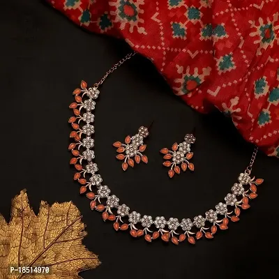 Attractive Rose Gold Orange Colour Necklace With Earrings For Womens-thumb0