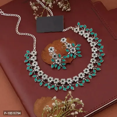 Attractive Silver Plated Green Colour Necklace With Earrings For Womens