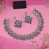 Attractive Silver Plated Green Colour Necklace With Earrings For Womens-thumb2