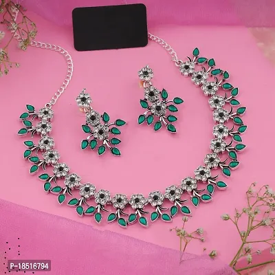 Attractive Silver Plated Green Colour Necklace With Earrings For Womens-thumb3