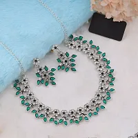 Attractive Silver Plated Green Colour Necklace With Earrings For Womens-thumb1