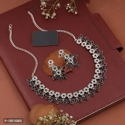 Attractive Silver Plated Black Colour Necklace With Earrings For Womens