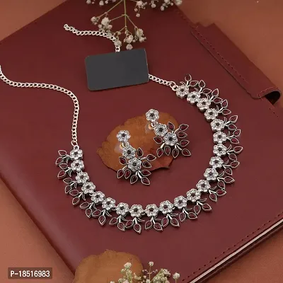 Attractive Silver Plated Maroon Colour Necklace With Earrings For Womens