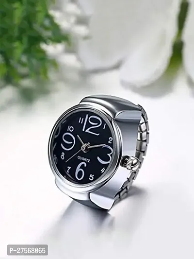 Alloy Silver Plated 1Pc Fashionable Creative Elastic Round Analog Quartz Finger Watch For Womens-thumb0