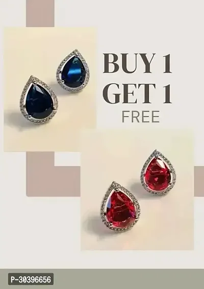 Silver Ruby Stud Earrings For Women/girls (Pack Of 2)-thumb0