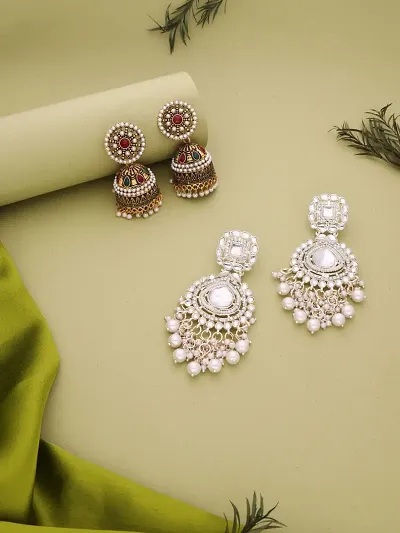 Silver-Plated Kundan Beads Earrings Combo For Women/Girls