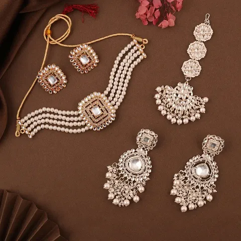 Combo Of 1 Choker Set With 2 Pair Of Earrings And Maang Tikka Set For Women.