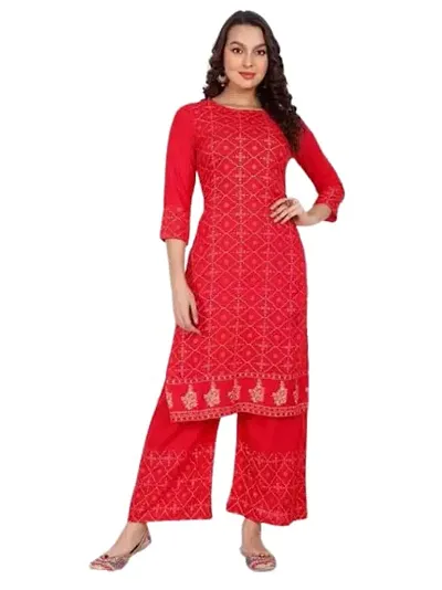 KBZ Woman's Floral Straight Kurti with Palazzo in (Red)