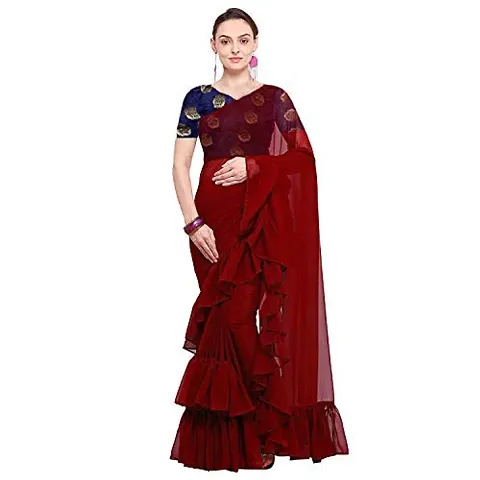 Pure Georgette Ruffle Lace Saree With Contrast Blouse