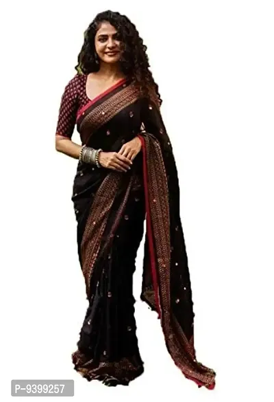 Bhuwal Fashion Women's Plain Weave Jute Cotton Saree (Bf5283black_Black)-thumb0