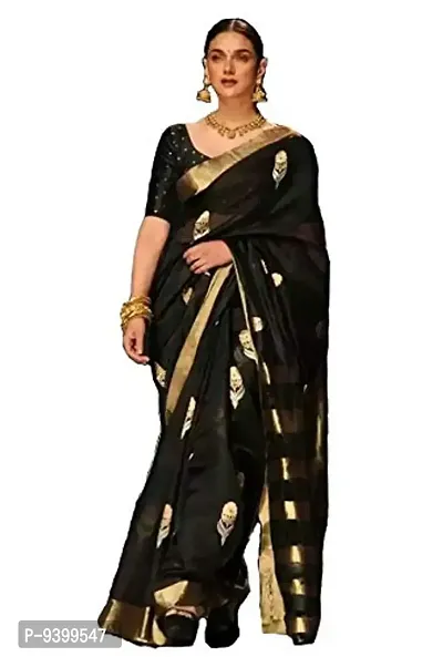 Bhuwal Fashion Women's Cotton Art Silk Woven Saree with Blouse (Black)-thumb0