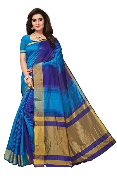 Multicoloured Cotton Silk Zari Border Sarees with Blouse piece