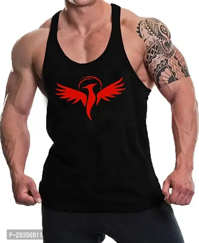 Solid Black Gym Vest for Men ( Black - Red Bird)