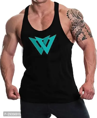 Solid Black Gym Vest for Men ( Black - Blue W)