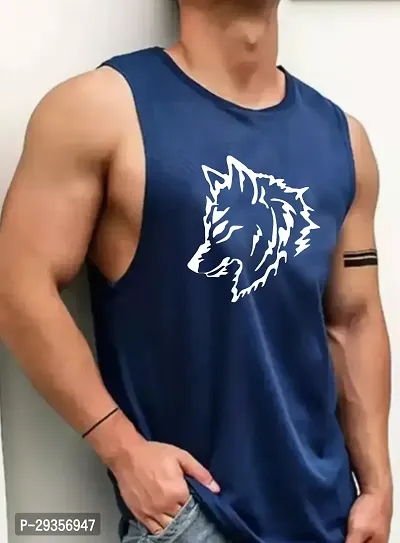 Solid Navy Blue Gym Vest for Men ( Navy Blue - White Wolf)