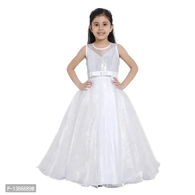 Elegant White Satin Self Pattern Maxi Dress For Girls