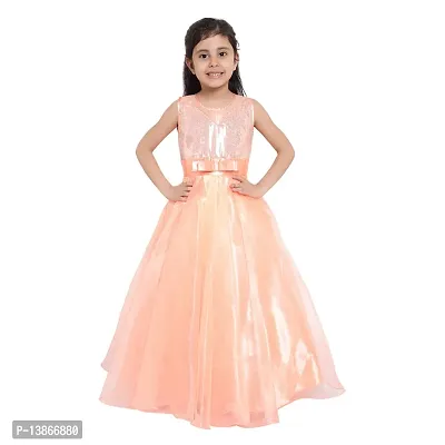 Elegant Peach Satin Self Pattern Maxi Dress For Girls-thumb0